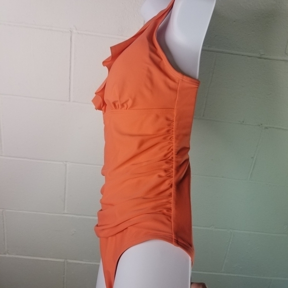 DKNY coral ruffle ruched one piece swimsuit - Picture 9 of 10